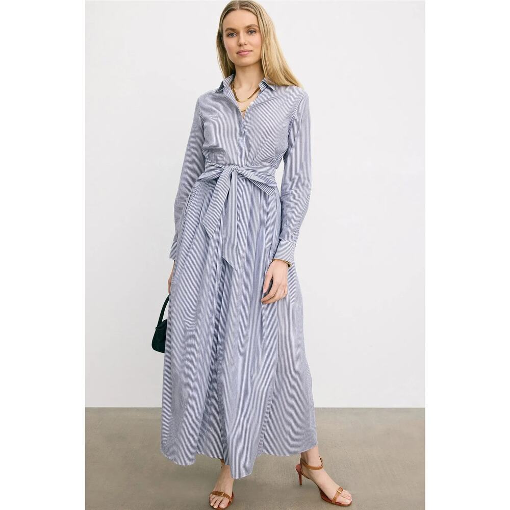 Ann Mashburn Ingrid Shirt Dress Striped Long Sleeve Tie Waist Maxi Blue White M